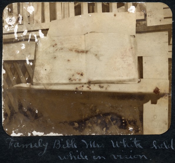 Family bible Mrs. White held while in vision, displayed on an outdoor table