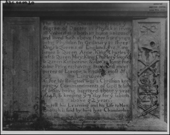 Closeup of Peter Chamberlen's tomb