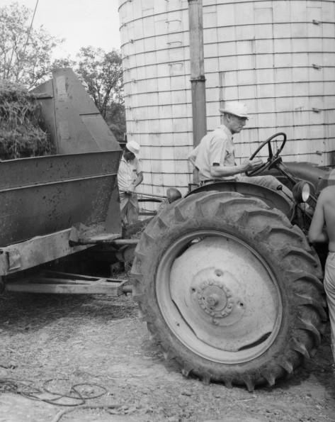 [Lawrence M. Cantrell and possibly Elmer Fant(?) working near the silo at Madison College]