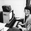Brenda Poe using a Commodore VIC 20 computer at Florence Ewing Junior Academy